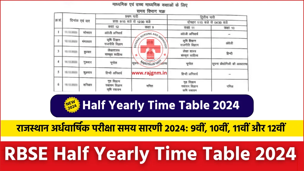 RBSE Half Yearly Time Table