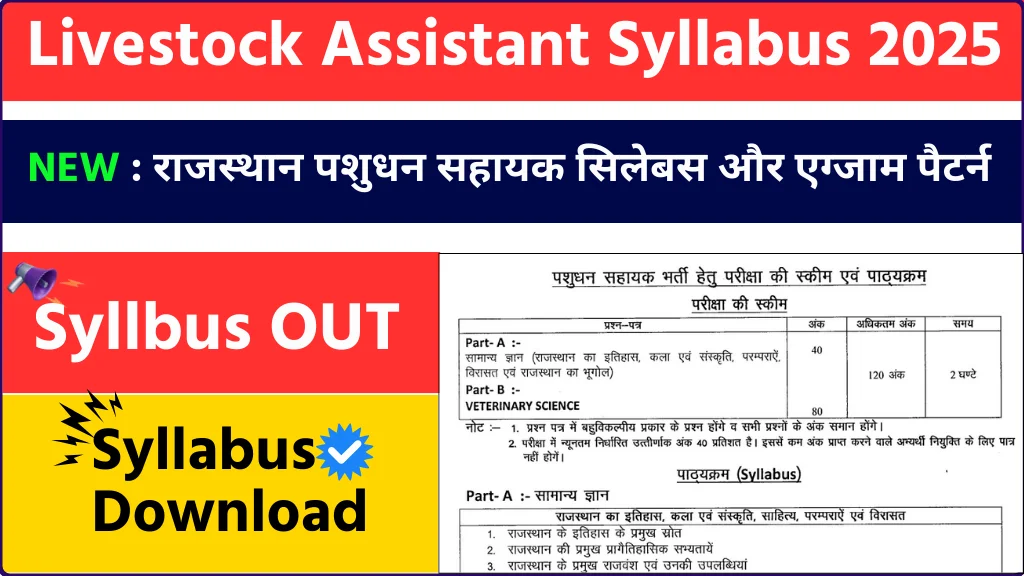 Rajasthan Livestock Assistant Syllabus 2025: राजस्थान पशुधन सहायक सिलेबस और एग्जाम पैटर्न यहां से करें डाउनलोड