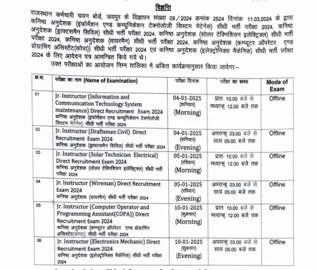 Rajasthan Junior Instructor Exam Date (ICTSM,DC,STE,Wireman,COPA,EM)